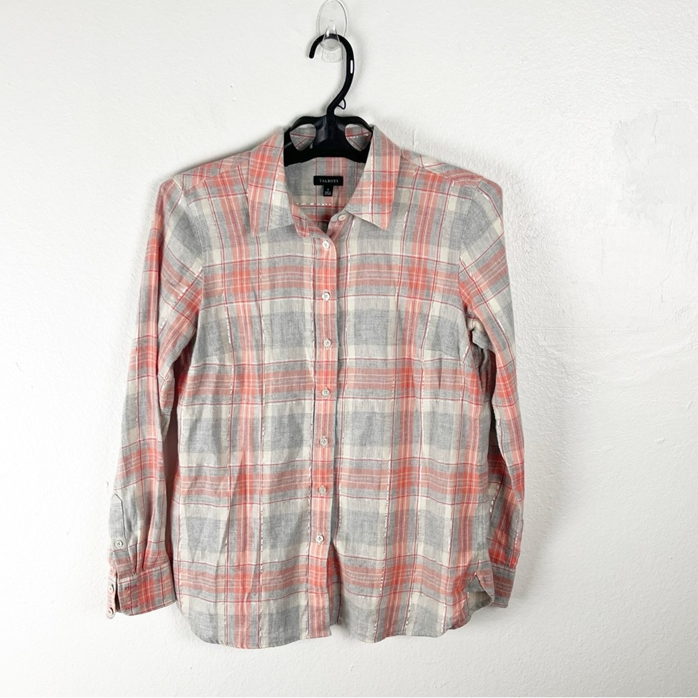 TALBOTS Plaid Cotton Metallic Long Sleeves Chest Pocket Button Top, Size Small